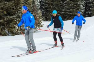 people cross country skiing in line
